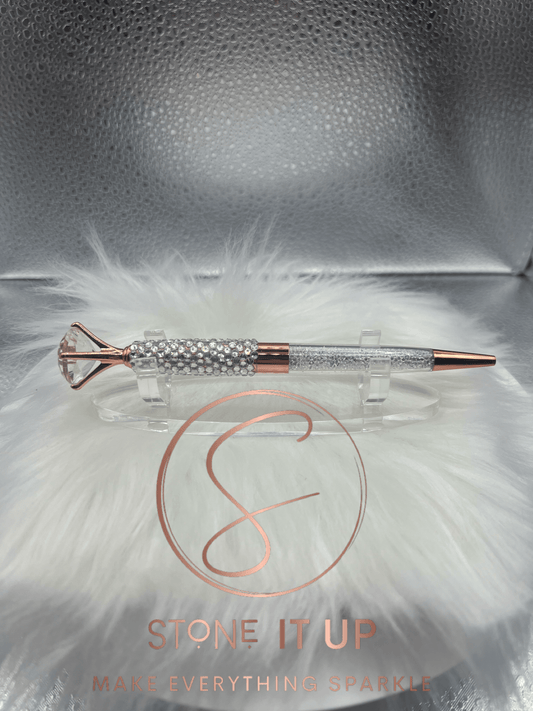 Clear Crystal Rose Gold Diamond Top Blinged Out Pen