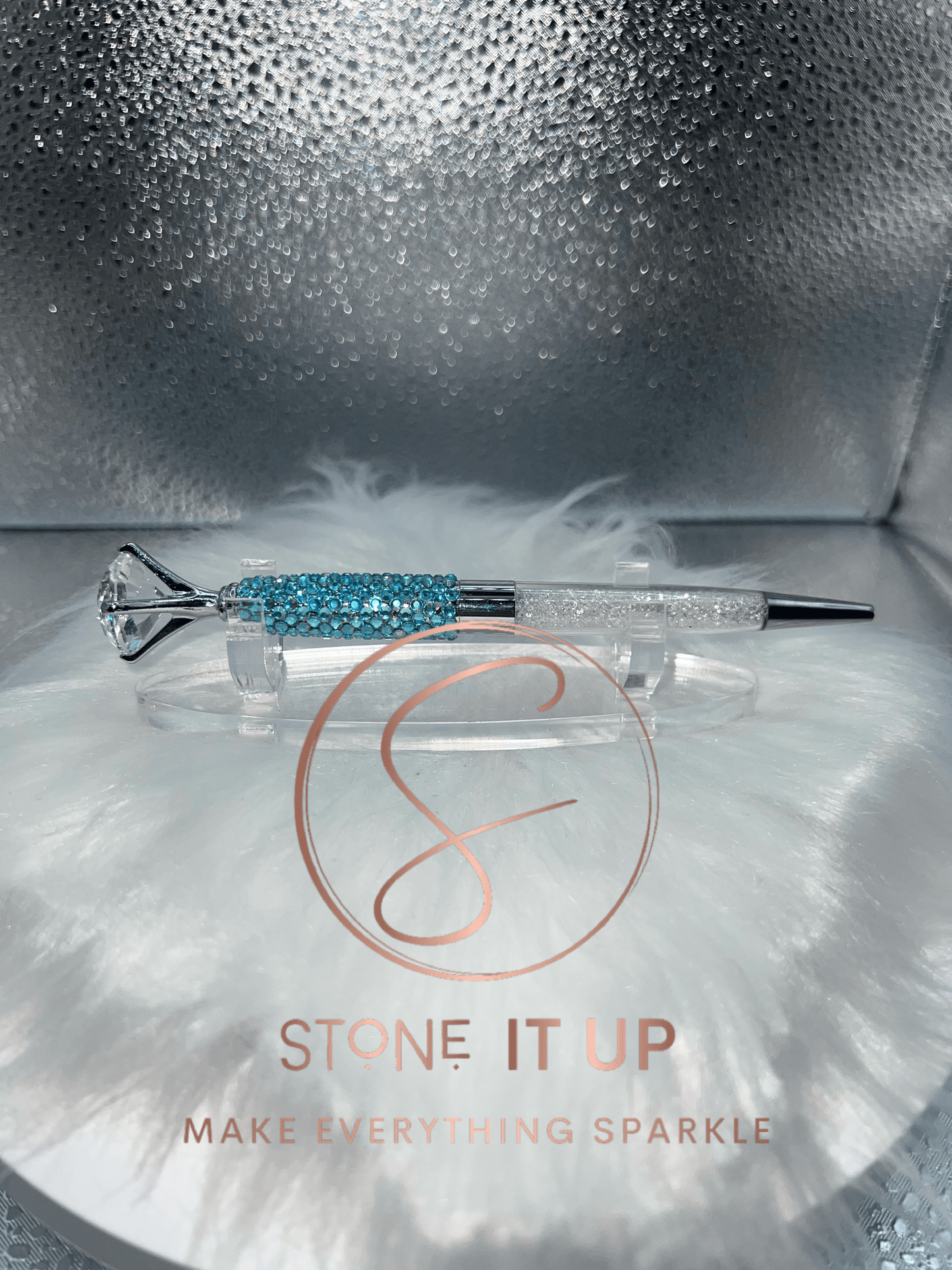 Aquamarine Blinged Out Diamond Top Pen with Clear Crystals
