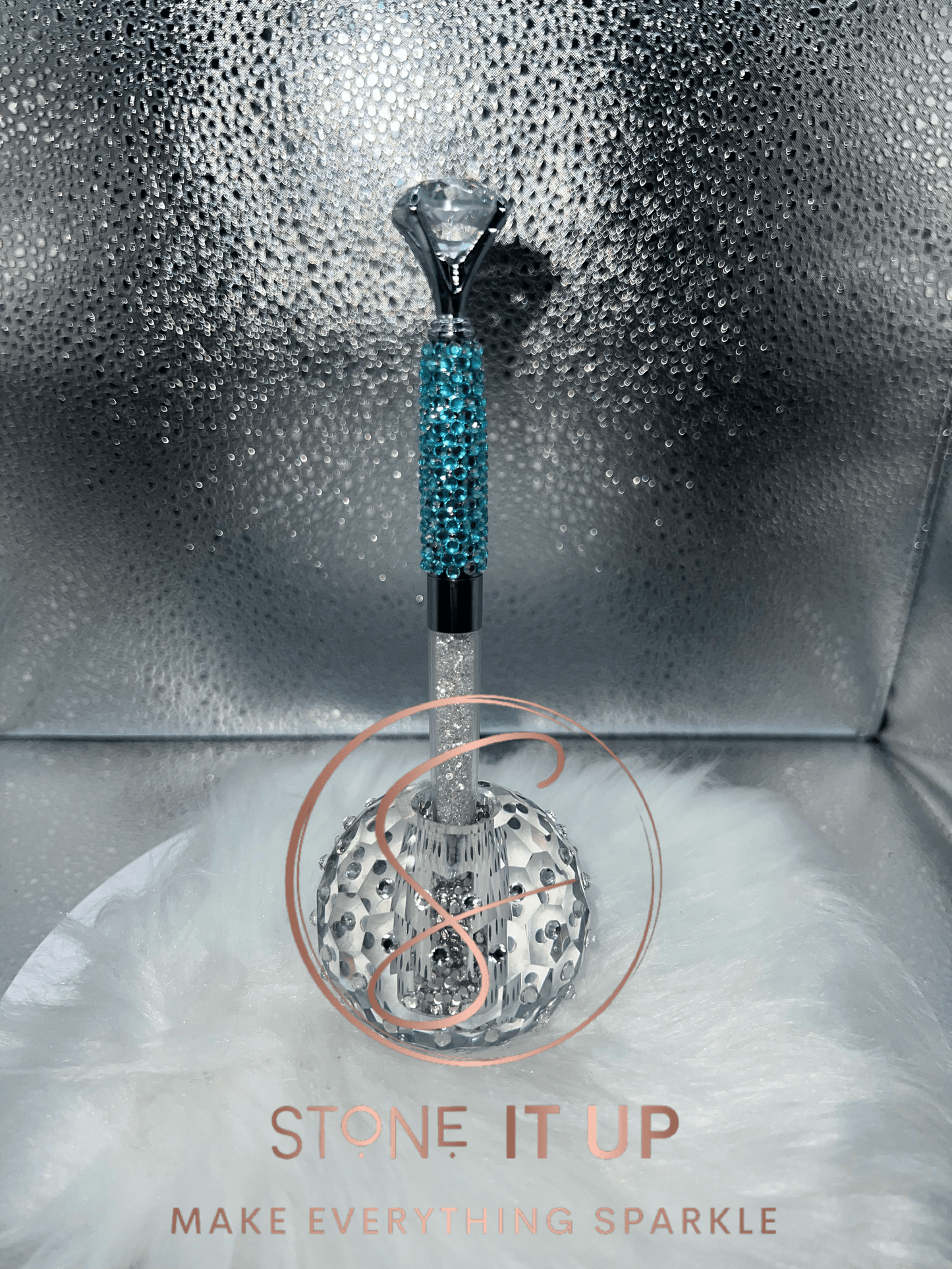 Aquamarine Blinged Out Diamond Top Pen with Clear Crystals