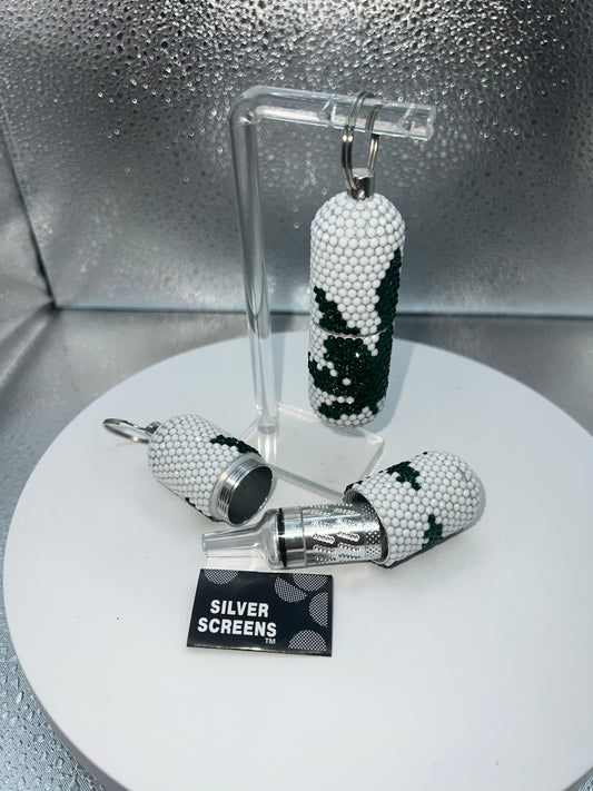 420 Leaf One Hitter Holder Keychain (White Stones)