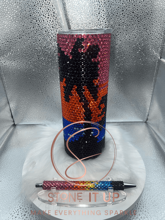 20oz Sparkly Sunset Silhouette on the Beach Blinged Out Tumbler with Gel Pen