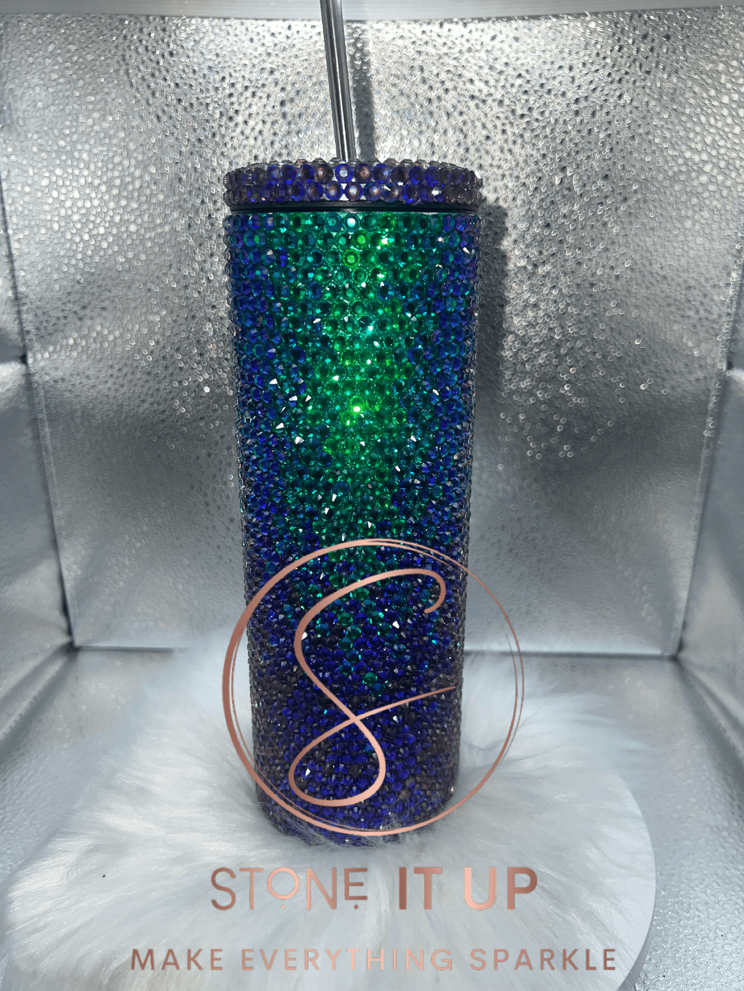 20oz Green and Purple Aurora Ombre Blinged Out Tumbler