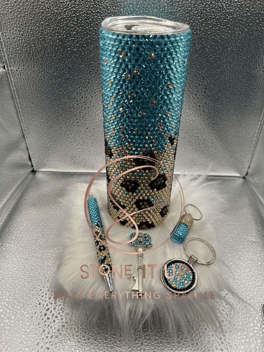 20oz Aquamarine & Leopard Ombre Blinged Out Tumbler with Extras